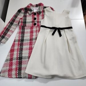 Girls Holiday Elegant Cream Dress & Matching Plaid Collared Coat Set Size 6